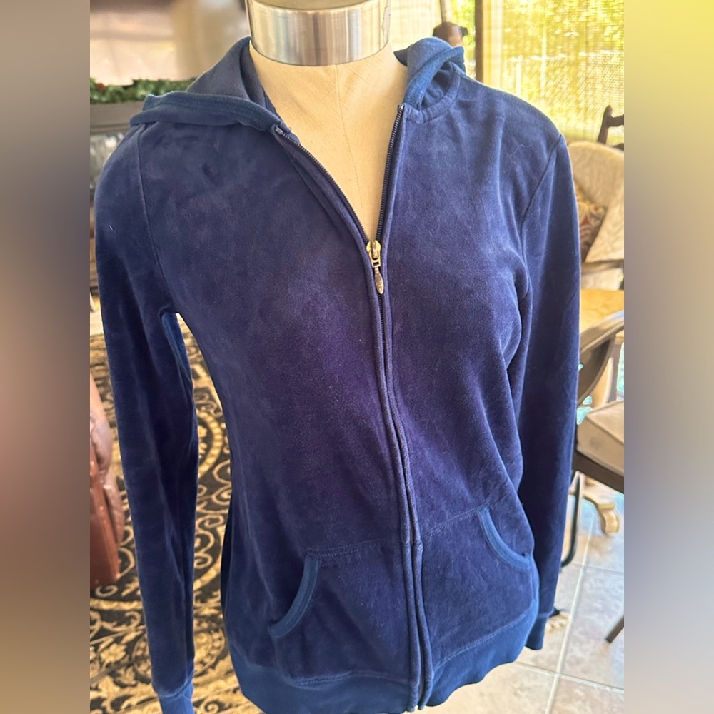 Blue Velour Zip up Hoodie. XS